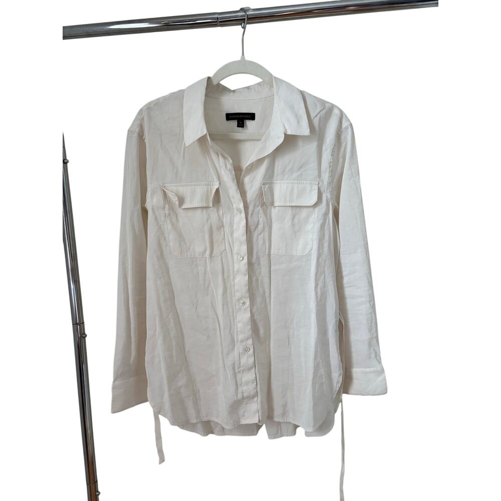 Banana Republic White Button Up Tie Waist Shirt Women Medium Cotton Blouse - Picture 5 of 6